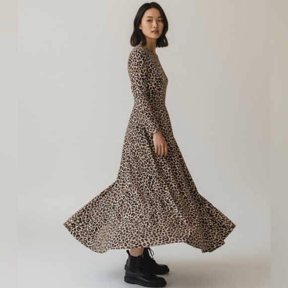 Vintage Leopard Maxi Dress Scoop Neck Fall Maxi Brown Black Women’s Size La… - Picture 1 of 11
